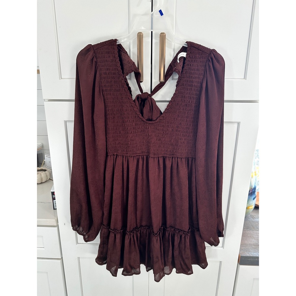 Altar State Chocolate Smocked Peasant Blouse Tie Back L/S Layering Size‎ L